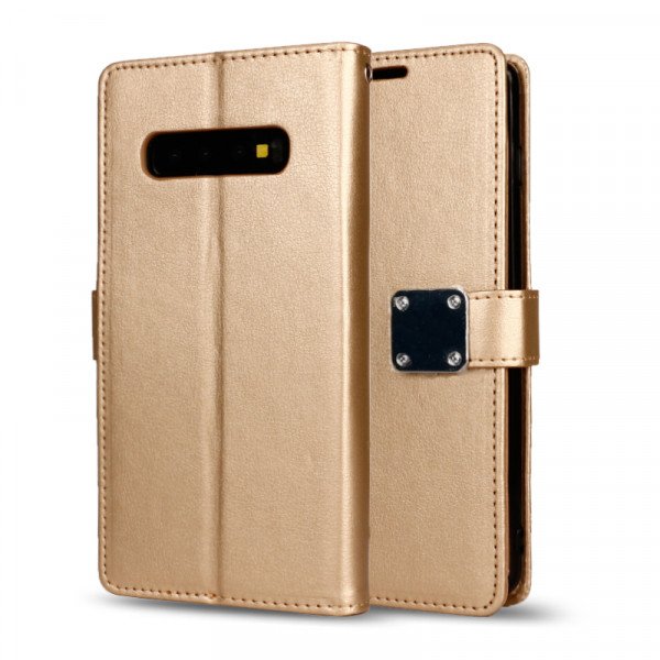 Wholesale Galaxy S10e Multi Pockets Folio Flip Leather Wallet Case with Strap (Gold)